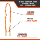 6’ SINGLE LEG INTERNAL SHOCK ABSORBING LANYARD WITH 2 STEEL SNAP HOOKS