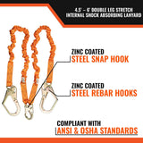 4.5' - 6’ Double Leg Stretch Internal Shock Absorbing Lanyard with 2 Rebar Hooks and 1 Steel Snap Hook