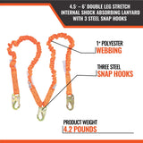 4.5′ – 6’ Double Leg Stretch Internal Shock Absorbing Lanyard With 3 Steel Snap Hooks