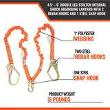 Malta Dynamics 4.5'–6' Double Leg Shock Absorbing Lanyard with Rebar Hooks & Snap Hook