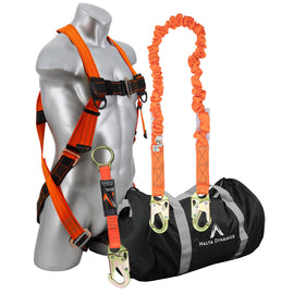 Malta Dynamics Warthog Pass Thru Safety Harness Fall Protection Kit with 6' Single Leg Stretch Lanyard