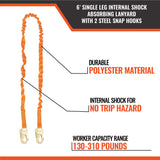 6’ SINGLE LEG INTERNAL SHOCK ABSORBING LANYARD WITH 2 STEEL SNAP HOOKS