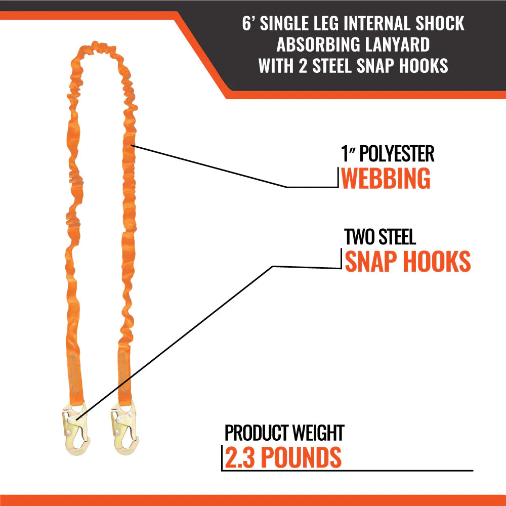6’ SINGLE LEG INTERNAL SHOCK ABSORBING LANYARD WITH 2 STEEL SNAP HOOKS