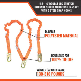 4.5′ – 6’ Double Leg Stretch Internal Shock Absorbing Lanyard With 3 Steel Snap Hooks