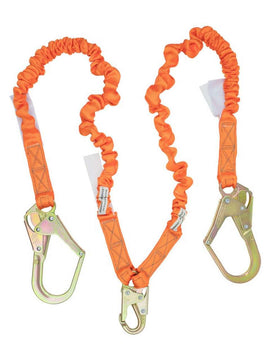 4.5' - 6’ Double Leg Stretch Internal Shock Absorbing Lanyard with 2 Rebar Hooks and 1 Steel Snap Hook