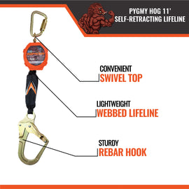 Pygmy Hog 11′ Web Self-Retracting Lifeline With Rebar Hook